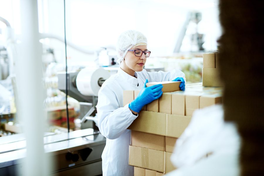 young gorgeous focused female worker sterile cloths is putting last box into big cardboard box stacks near food factory production line